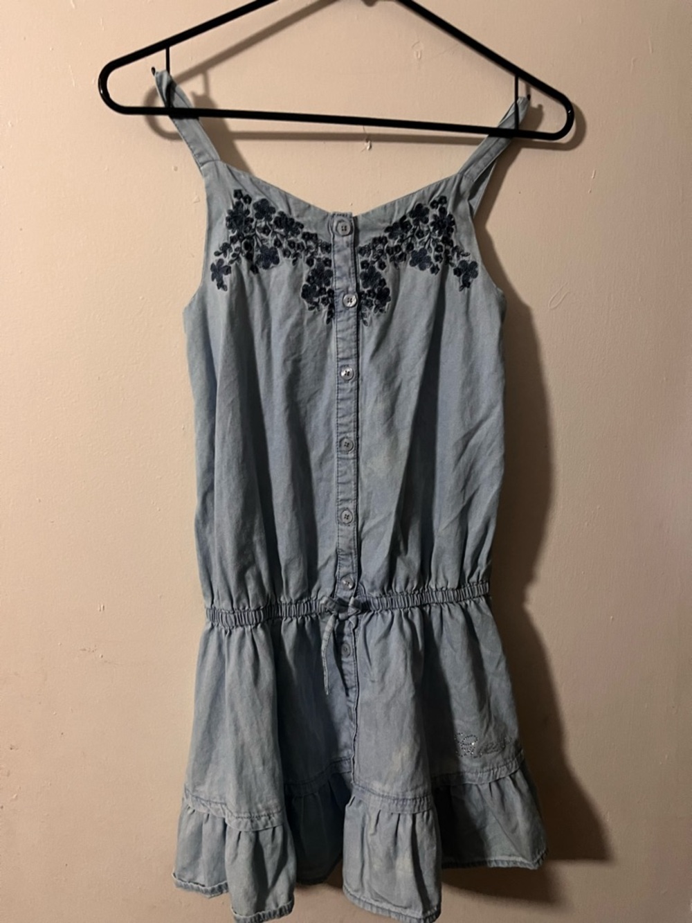 Guess kids  blue denim dress with black floral embroidery Size L